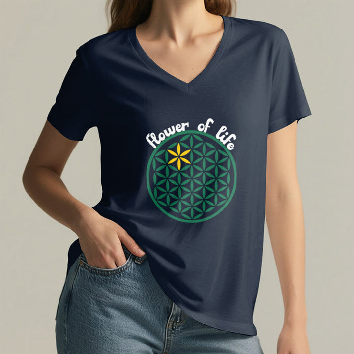 Olivenorma Flower of Life Boho Graphic Tees Casual V-Neck T-Shirt - image 21