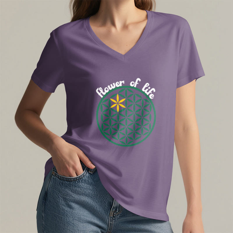 Olivenorma Flower of Life Boho Graphic Tees Casual V-Neck T-Shirt - image 19