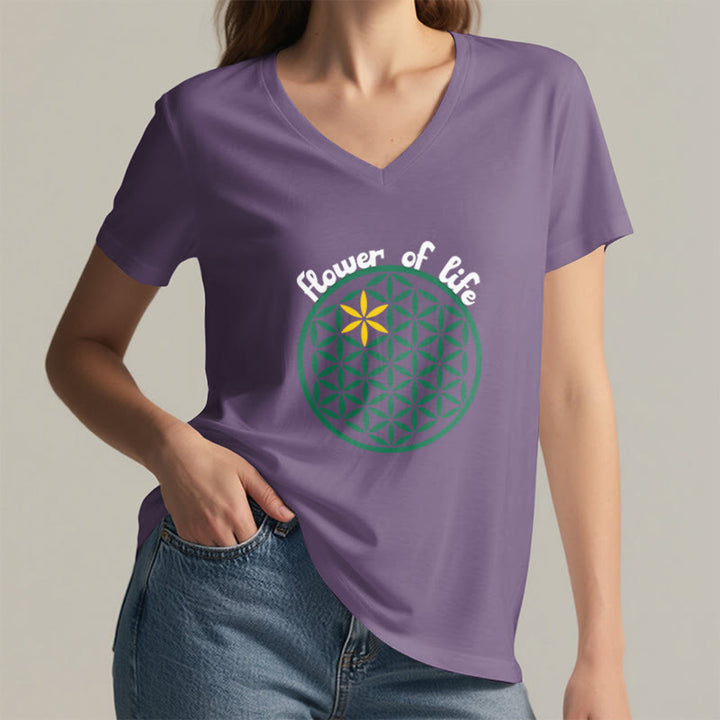 Olivenorma Flower of Life Boho Graphic Tees Casual V-Neck T-Shirt - image 19