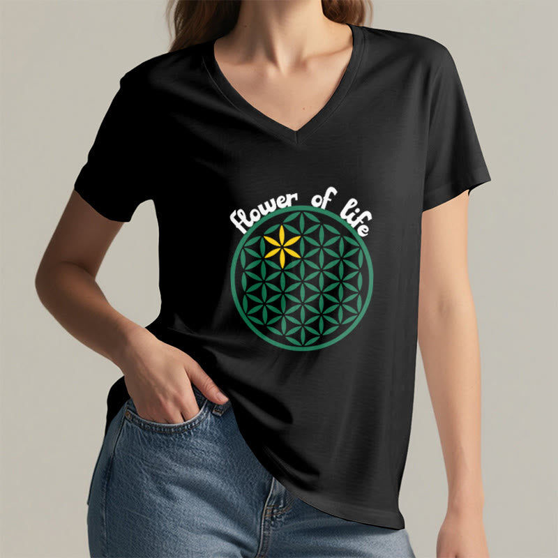 Olivenorma Flower of Life Boho Graphic Tees Casual V-Neck T-Shirt - image 9