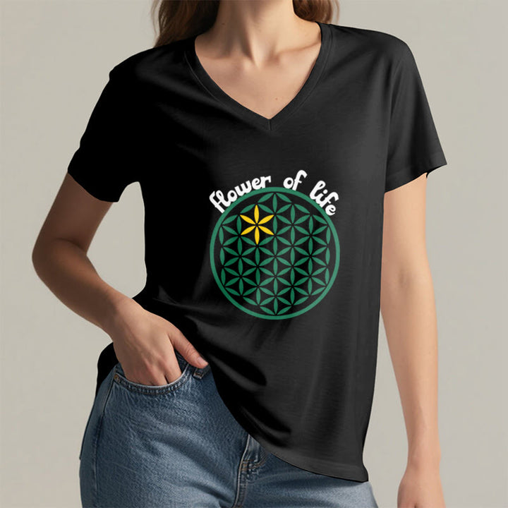 Olivenorma Flower of Life Boho Graphic Tees Casual V-Neck T-Shirt - image 9