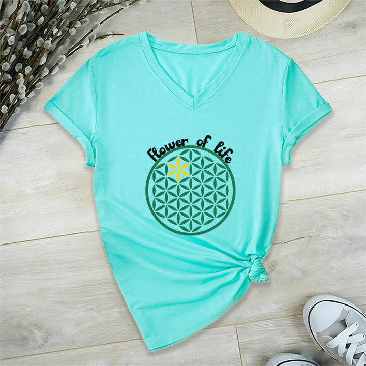 Olivenorma Flower of Life Boho Graphic Tees Casual V-Neck T-Shirt - Cyan - 2XL - image 14