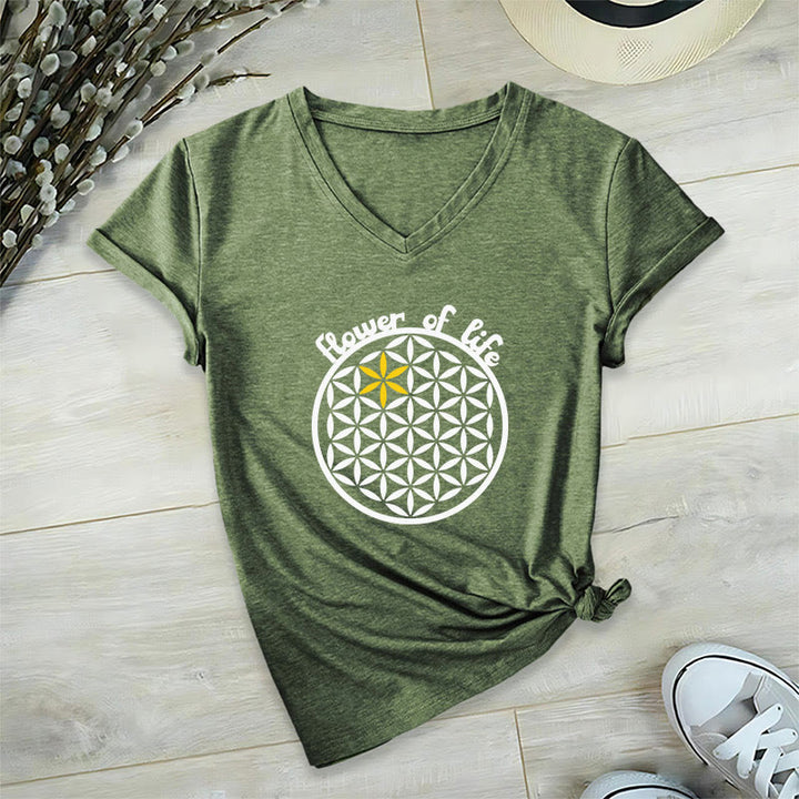 Olivenorma Flower of Life Boho Graphic Tees Casual V-Neck T-Shirt - Olive - 2XL - image 24