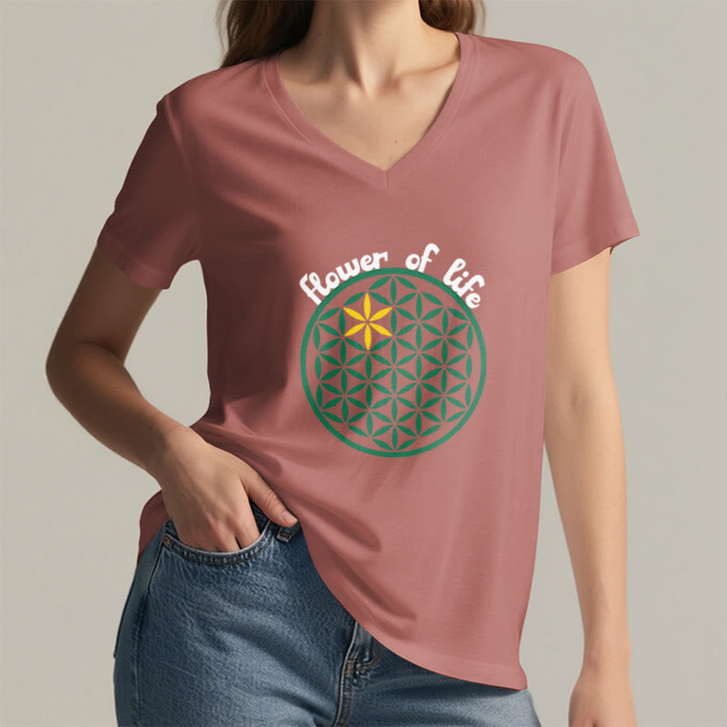 Olivenorma Flower of Life Boho Graphic Tees Casual V-Neck T-Shirt - image 27