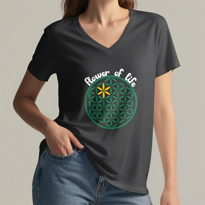 Olivenorma Flower of Life Boho Graphic Tees Casual V-Neck T-Shirt - image 23
