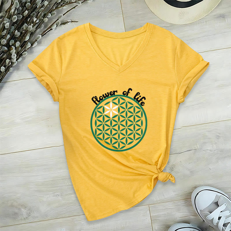 Olivenorma Flower of Life Boho Graphic Tees Casual V-Neck T-Shirt - Yellow - 2XL - image 12