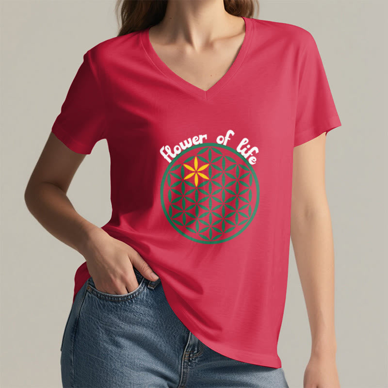 Olivenorma Flower of Life Boho Graphic Tees Casual V-Neck T-Shirt - image 29