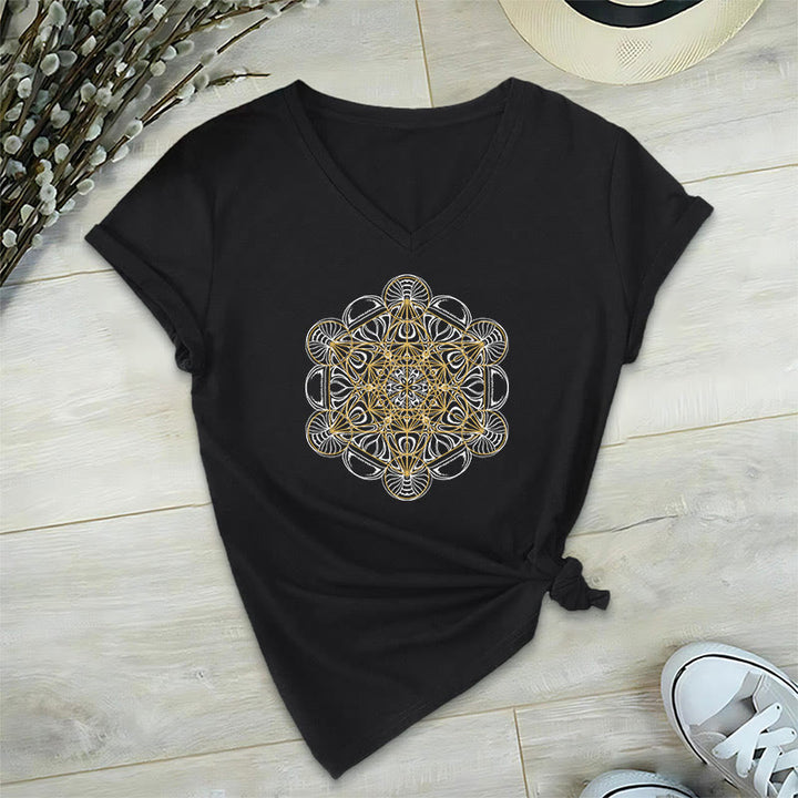 Olivenorma Soft Graphic Tee Metatron's Cube V-Neck Spiritual T-Shirts - Black - 2XL - image 1