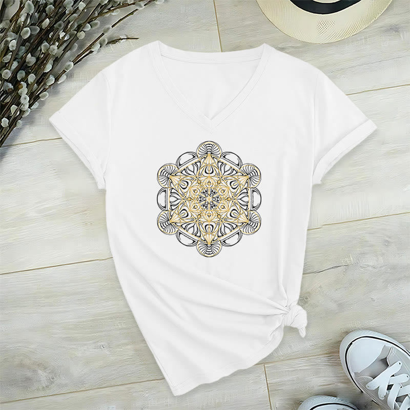 Olivenorma Soft Graphic Tee Metatron's Cube V-Neck Spiritual T-Shirts - White - 2XL - image 10