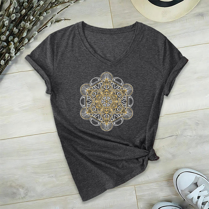 Olivenorma Soft Graphic Tee Metatron's Cube V-Neck Spiritual T-Shirts - Grey - 2XL - image 14