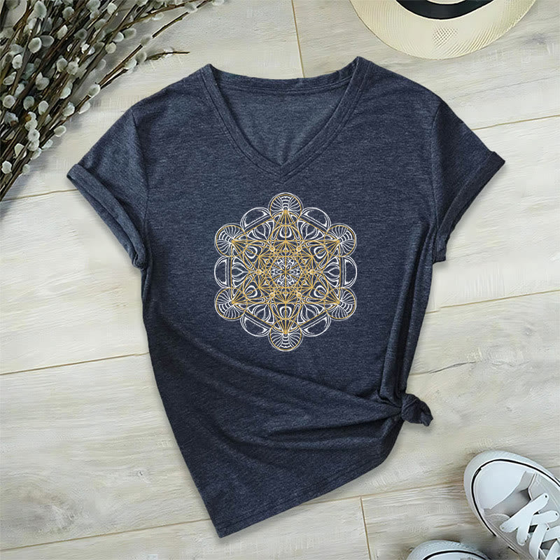 Olivenorma Soft Graphic Tee Metatron's Cube V-Neck Spiritual T-Shirts - Navy - 2XL - image 16
