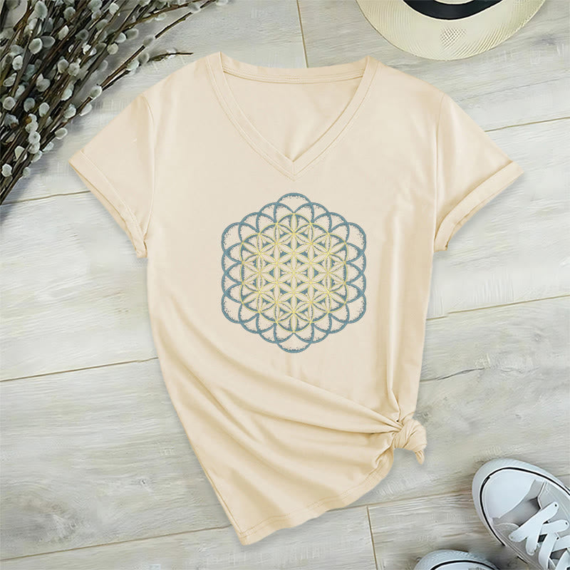 Olivenorma Flower Of Life Ward Off Evil Dreamcatcher Printed Geometry V-Neck T-Shirt - Beige - 2XL - image 16