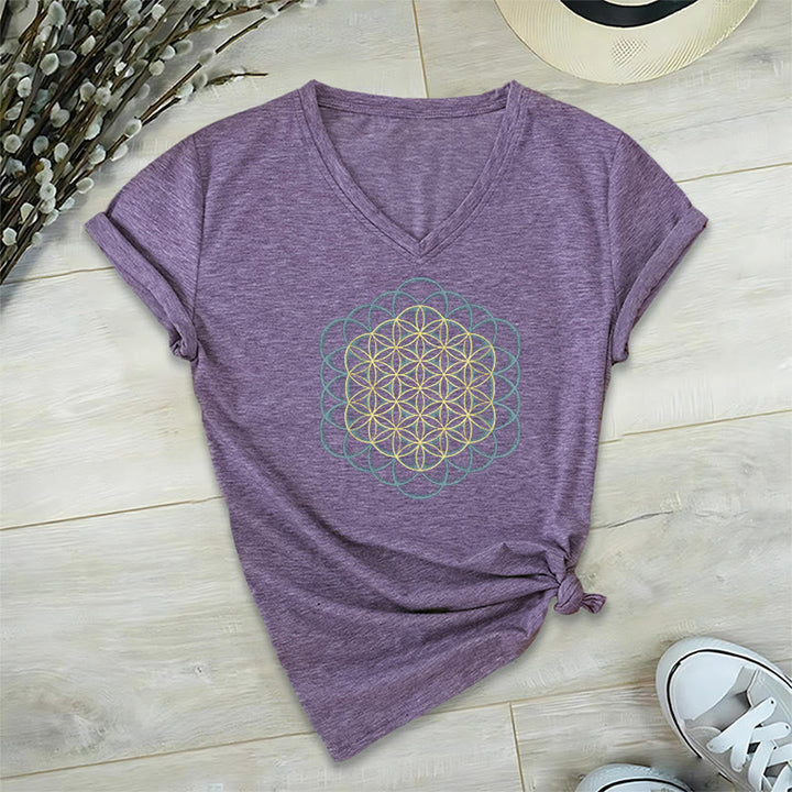 Olivenorma Flower Of Life Ward Off Evil Dreamcatcher Printed Geometry V-Neck T-Shirt - Purple - 2XL - image 1