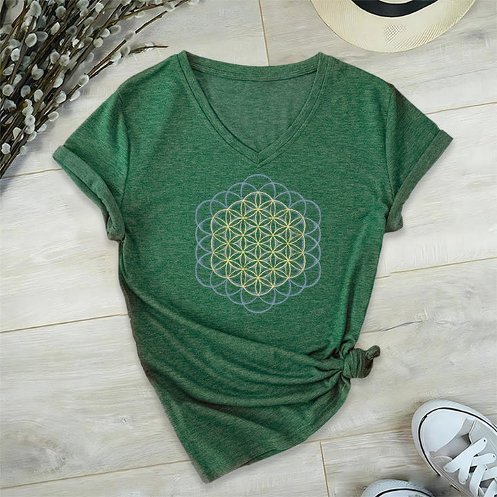 Olivenorma Flower Of Life Ward Off Evil Dreamcatcher Printed Geometry V-Neck T-Shirt - Green - 2XL - image 20