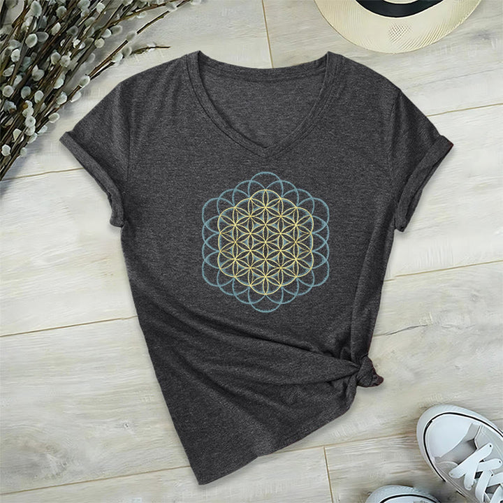Olivenorma Flower Of Life Ward Off Evil Dreamcatcher Printed Geometry V-Neck T-Shirt - Grey - 2XL - image 12