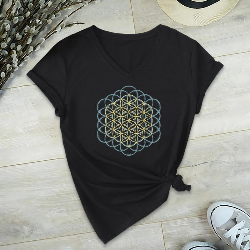 Olivenorma Flower Of Life Ward Off Evil Dreamcatcher Printed Geometry V-Neck T-Shirt - Black - 2XL - image 10