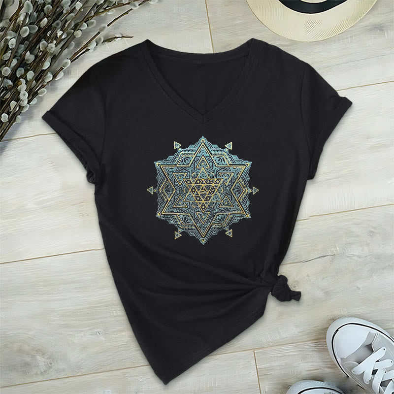 Olivenorma Metatro's Cube Symbol Sacred Geometry Healing Tee V-Neck Spiritual T-Shirt - Black - 2XL - image 11