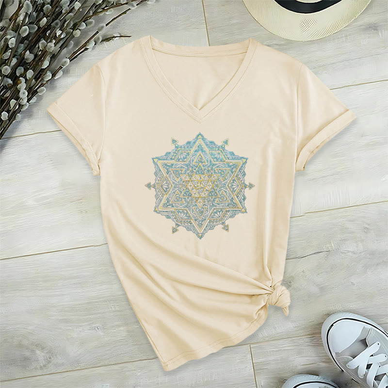 Olivenorma Metatro's Cube Symbol Sacred Geometry Healing Tee V-Neck Spiritual T-Shirt - Beige - 2XL - image 15
