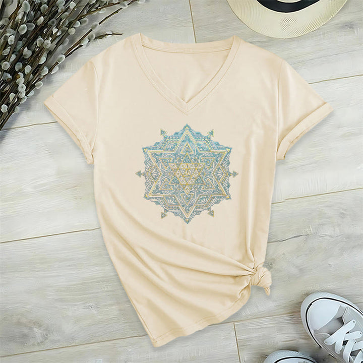 Olivenorma Metatro's Cube Symbol Sacred Geometry Healing Tee V-Neck Spiritual T-Shirt - Beige - 2XL - image 15