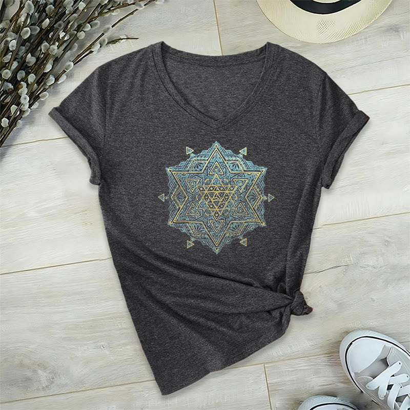 Olivenorma Metatro's Cube Symbol Sacred Geometry Healing Tee V-Neck Spiritual T-Shirt - Grey - 2XL - image 1