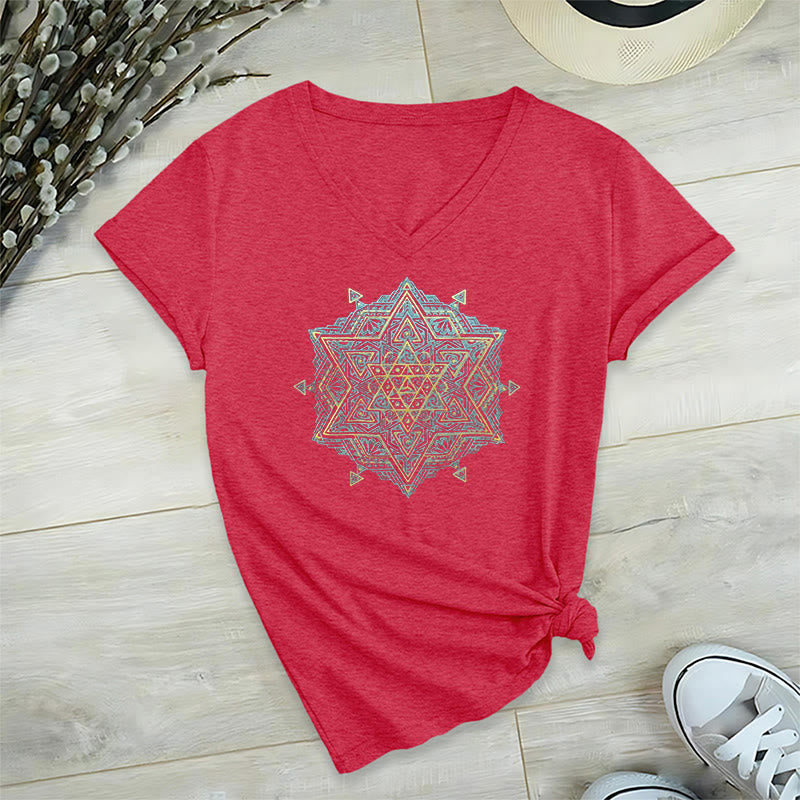 Olivenorma Metatro's Cube Symbol Sacred Geometry Healing Tee V-Neck Spiritual T-Shirt - Red - 2XL - image 31