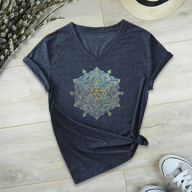 Olivenorma Metatro's Cube Symbol Sacred Geometry Healing Tee V-Neck Spiritual T-Shirt - Navy - 2XL - image 21