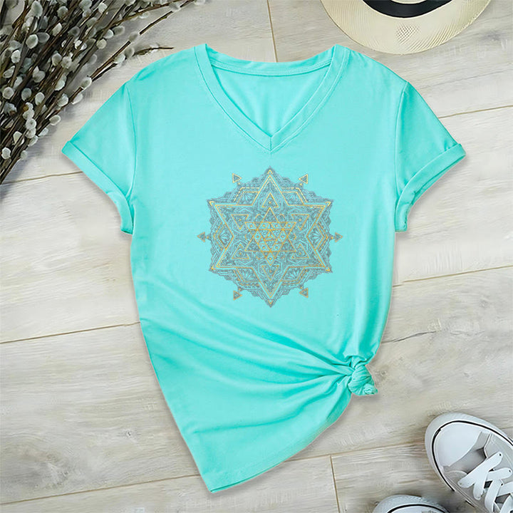 Olivenorma Metatro's Cube Symbol Sacred Geometry Healing Tee V-Neck Spiritual T-Shirt - Cyan - 2XL - image 19