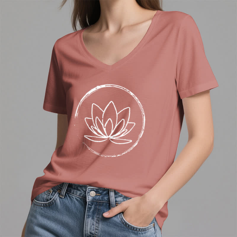 Olivenorma Boho Lotus Flower Loose V-Neck T-Shirt - image 2