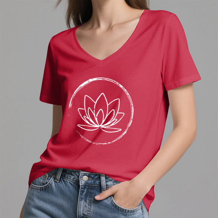 Olivenorma Boho Lotus Flower Loose V-Neck T-Shirt - image 16
