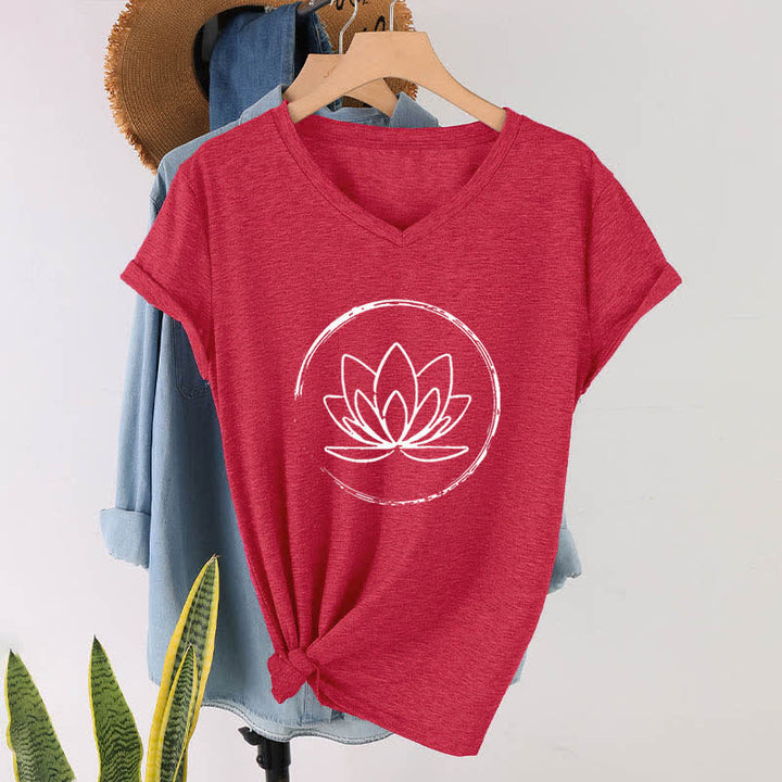Olivenorma Boho Lotus Flower Loose V-Neck T-Shirt - Red - 2XL - image 15