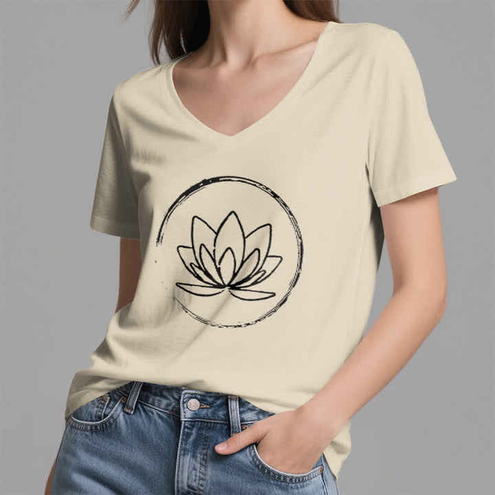 Olivenorma Boho Lotus Flower Loose V-Neck T-Shirt - image 22