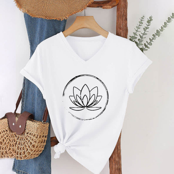 Olivenorma Boho Lotus Flower Loose V-Neck T-Shirt - White - 2XL - image 3