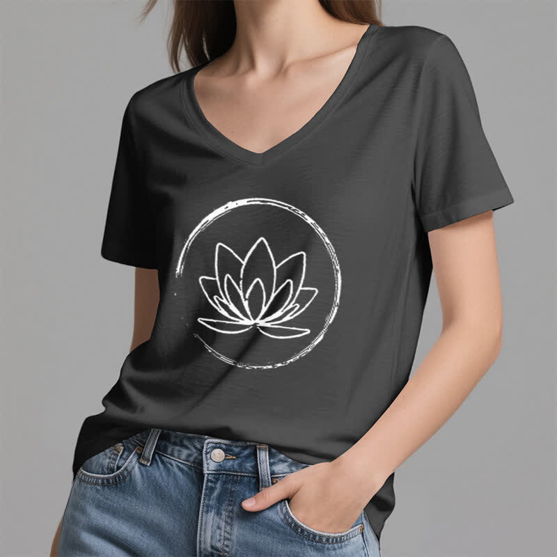 Olivenorma Boho Lotus Flower Loose V-Neck T-Shirt - image 12