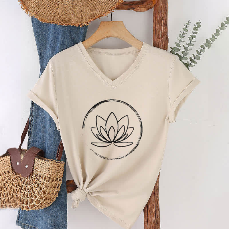 Olivenorma Boho Lotus Flower Loose V-Neck T-Shirt - Khaki - 2XL - image 21