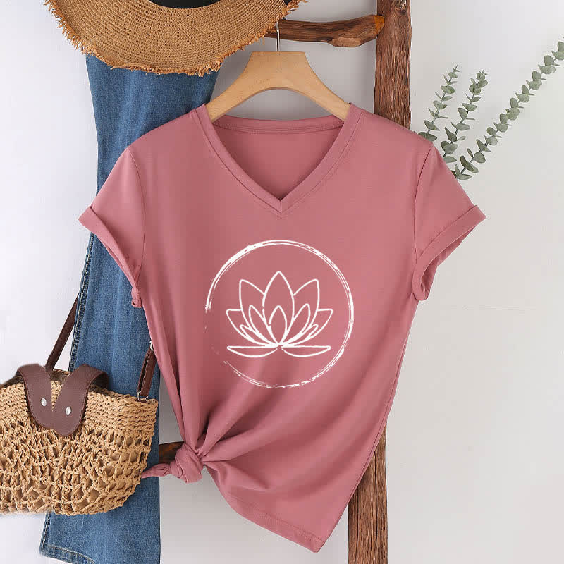 Olivenorma Boho Lotus Flower Loose V-Neck T-Shirt - Pink - 2XL - image 1