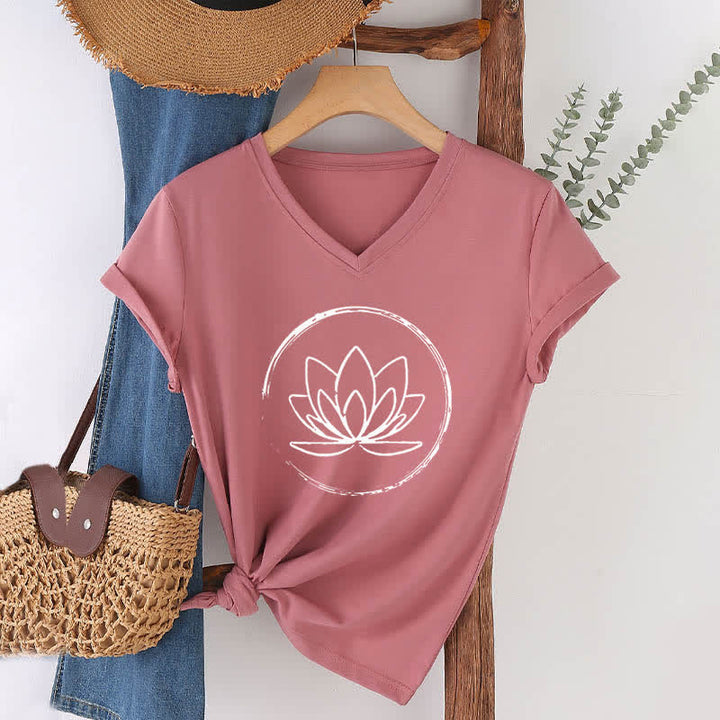 Olivenorma Boho Lotus Flower Loose V-Neck T-Shirt - Pink - 2XL - image 1