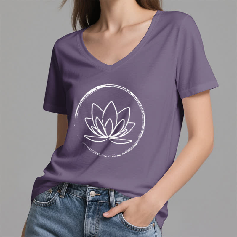 Olivenorma Boho Lotus Flower Loose V-Neck T-Shirt - image 26