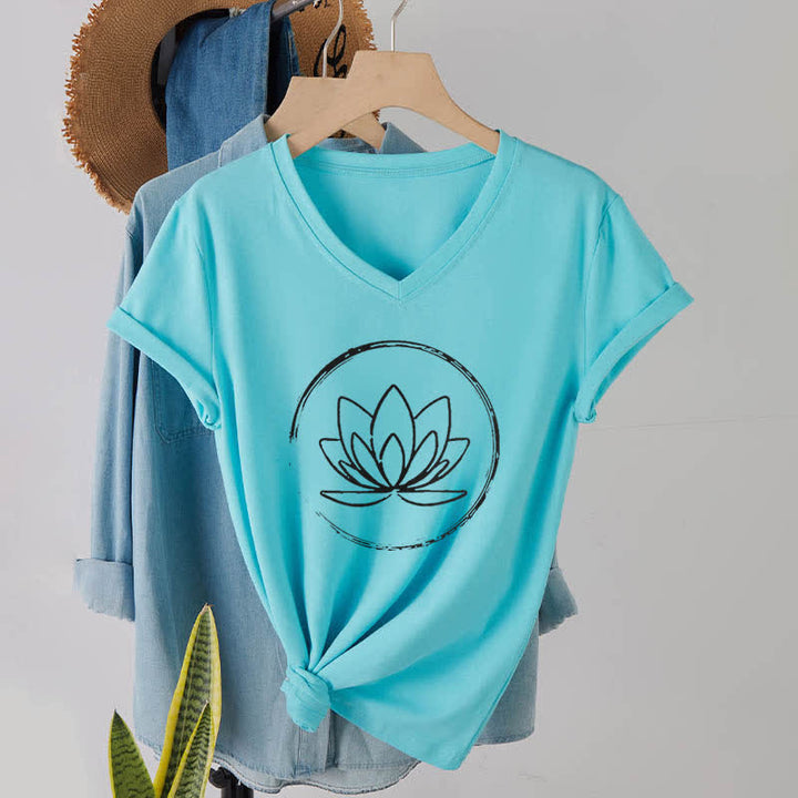 Olivenorma Boho Lotus Flower Loose V-Neck T-Shirt - Lake Blue - 2XL - image 23