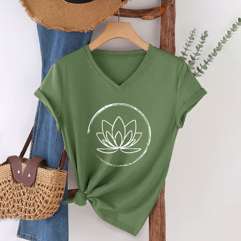 Olivenorma Boho Lotus Flower Loose V-Neck T-Shirt - Olive Green - 2XL - image 9
