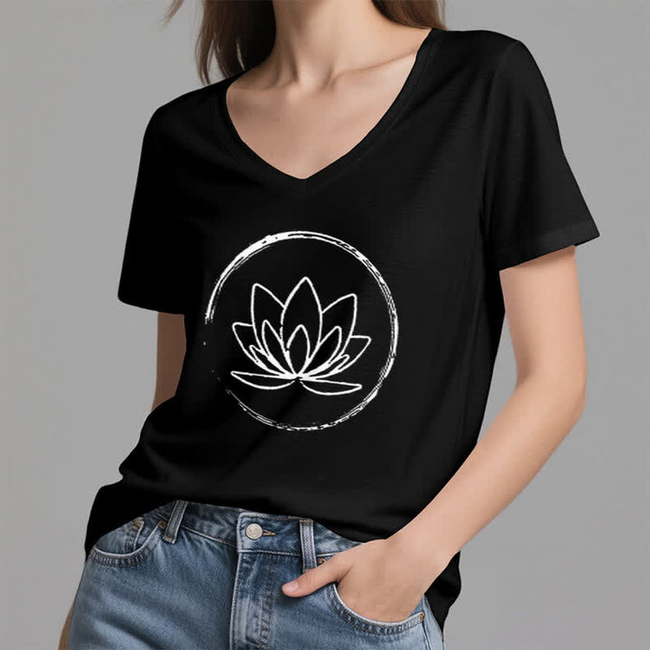Olivenorma Boho Lotus Flower Loose V-Neck T-Shirt - image 14