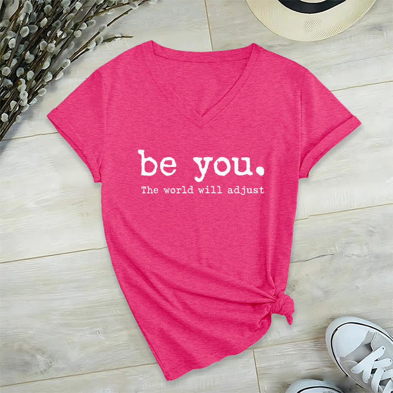 Olivenorma "Be You The World Will Adjust" V-Neck T-Shirt - Rose Red - 2XL - image 19