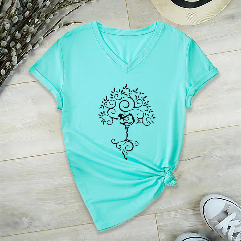 Olivenorma Yoga Tree Pose V-Neck T-Shirt - Lake Blue - 2XL - image 13