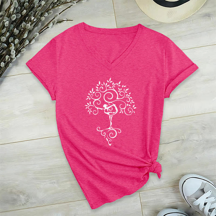 Olivenorma Yoga Tree Pose V-Neck T-Shirt - Rose Red - 2XL - image 11