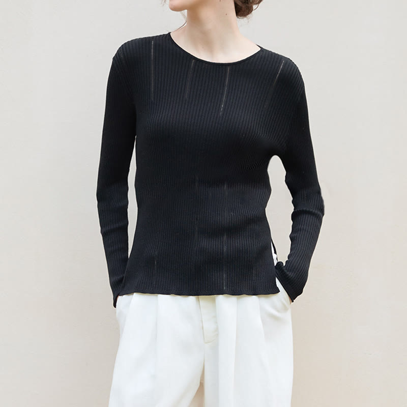 Olivenorma Long Sleeve Blouses Shirt Ribbed Knit Slits Top Women Sweatshirt - image 3