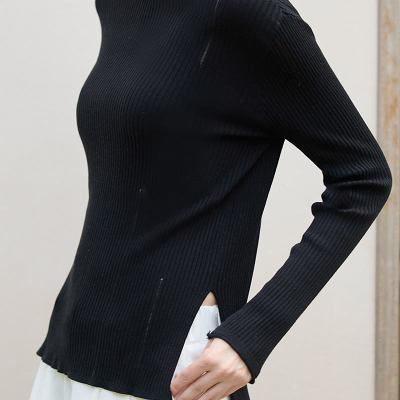 Olivenorma Long Sleeve Blouses Shirt Ribbed Knit Slits Top Women Sweatshirt - image 4