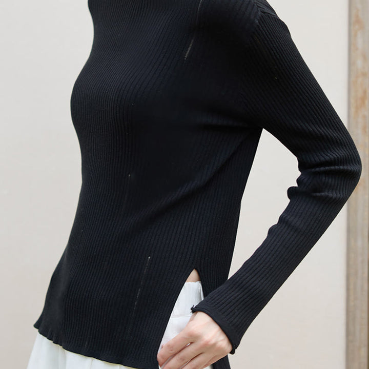 Olivenorma Long Sleeve Blouses Shirt Ribbed Knit Slits Top Women Sweatshirt - image 4