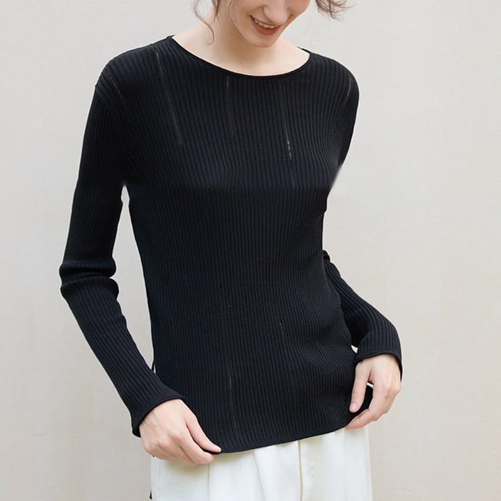 Olivenorma Long Sleeve Blouses Shirt Ribbed Knit Slits Top Women Sweatshirt - image 2