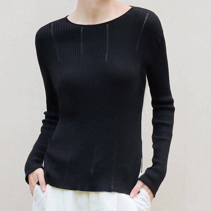 Olivenorma Long Sleeve Blouses Shirt Ribbed Knit Slits Top Women Sweatshirt - image 1