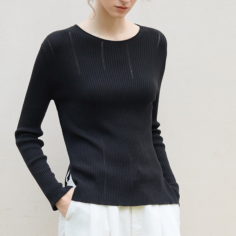 Olivenorma Long Sleeve Blouses Shirt Ribbed Knit Slits Top Women Sweatshirt - Black - One Size Fit All - image 0