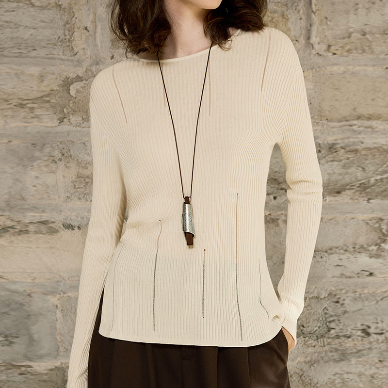 Olivenorma Long Sleeve Blouses Shirt Ribbed Knit Slits Top Women Sweatshirt - Beige - One Size Fit All - image 5